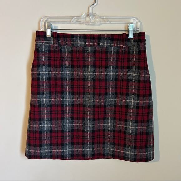 Eddie Bauer Red/Gray/Black Mercer Plaid Wool Blend Lined Knee-Length Skirt Sz 4 - Picture 1 of 11